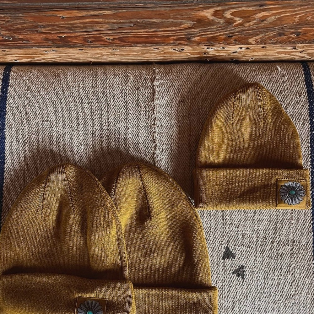 Mustard Yellow Beanie with squash blossom - Picture 2 of 2